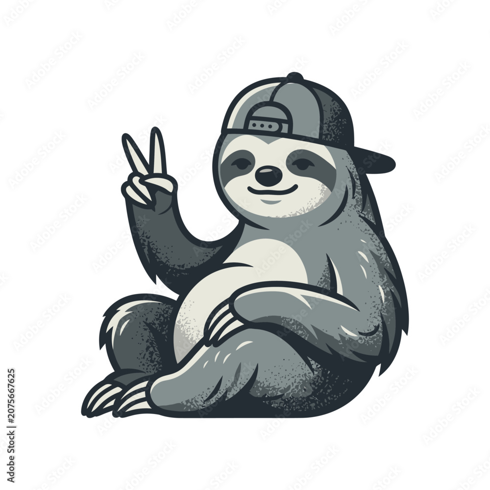Obraz premium A cool sloth wearing a baseball cap makes a peace sign