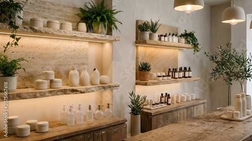 Organic Skincare Haven: A beautifully curated display of organic skincare products and lush green plants adorns shelves and counters in a serene, nature-inspired retail space.
