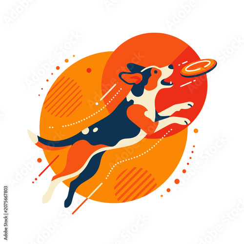 A stylized illustration of a dog jumping to catch a disc