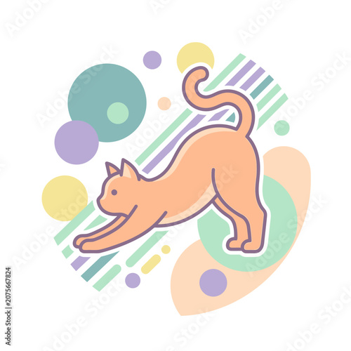 A cute orange cat stretches on a colorful abstract background