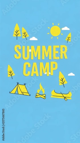 Summer camp poster illustration with tent, campfire, canoe and trees on a bright blue background. animated sequence with subtle horizontal motion
