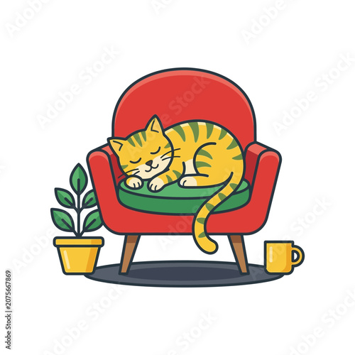 A cute striped cat sleeps peacefully on a red armchair