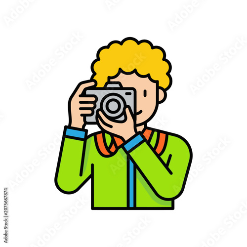 A cartoon person is holding a camera to take a photo