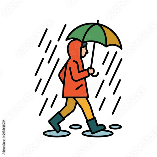A person walks through the rain with a colorful umbrella outside