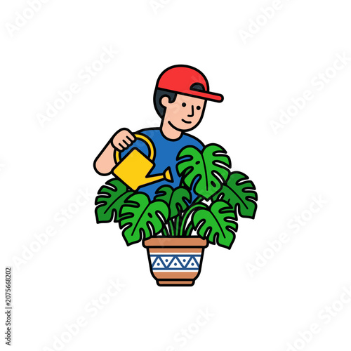 A young person is watering a green houseplant in a pot