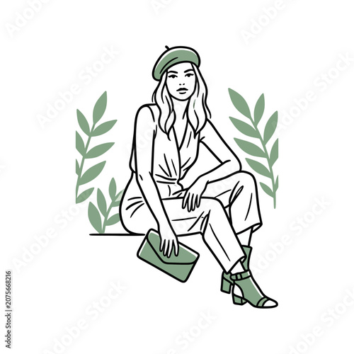 A stylish woman wearing a beret sits amidst green foliage plants