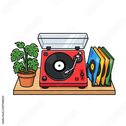 A red record player sits on a wooden shelf with plants