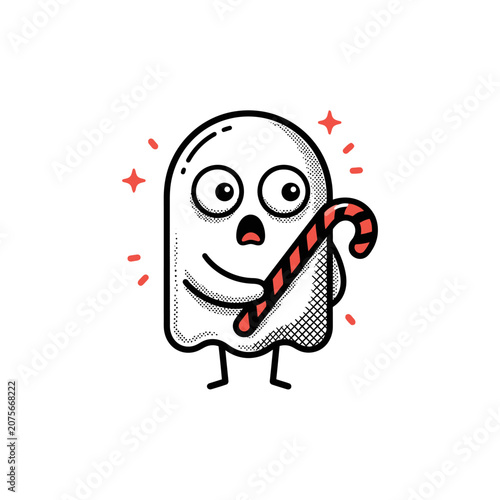 A cute cartoon ghost holds a striped candy cane with joy
