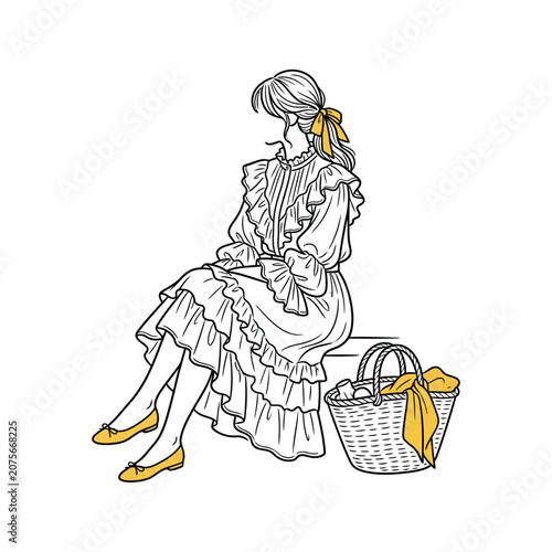 A young woman in a vintage dress sits with a basket