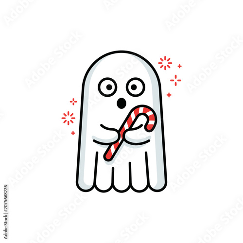 A cute white ghost holds a red and white striped candy cane