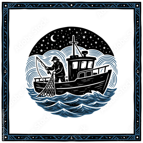 A lone fisherman works on a boat under the night sky