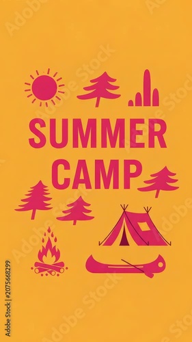 Bright summer camp poster with pink icons of sun, trees, tent, canoe and campfire on an orange background, splitpanel slide animation showing subtle movement