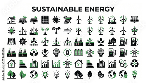 Extensive sustainable energy and green technology icon set featuring renewable resources power and environmental conservation symbols sustainable renewable environment technology electric