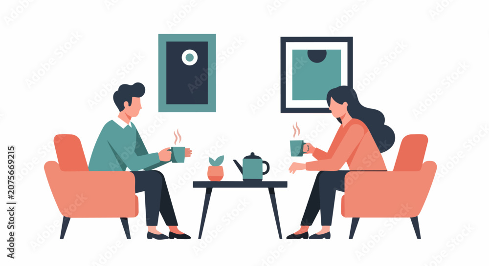 Fototapeta premium Modern Flat Vector Illustration of a Young Couple Sitting in Armchairs Drinking Tea and Having a Conversation in a Cozy Living Room Interior