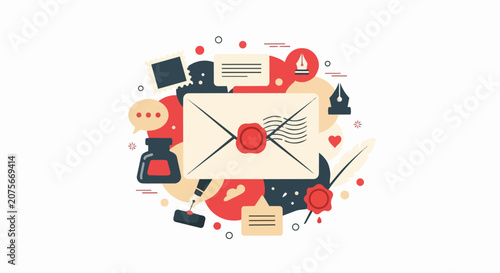 Vintage Mail and Correspondence Vector Illustration with Sealed Envelope, Inkwell, and Writing Tools