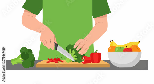Flat Vector Illustration of a Person Slicing Fresh Broccoli on a Cutting Board for Healthy Meal Preparation and Nutrition Concept