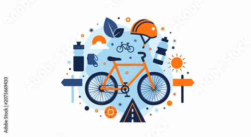 Flat Design Cycling Concept with Bicycle and Outdoor Equipment Icons