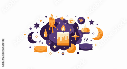 Wellness and Sleep Concept Illustration with Candles, Moons, Stars, and Pillows