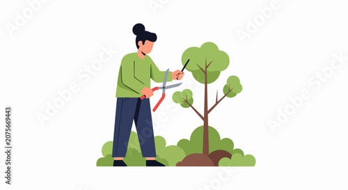 Woman Gardener Pruning a Small Tree with Shears Flat Vector Illustration; Gardening, Landscaping, and Backyard Maintenance Concept Isolated on White