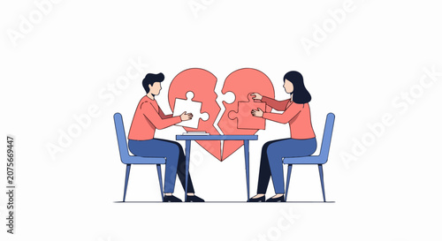 Couple Fixing a Broken Heart with Puzzle Pieces Illustration - Relationship Repair and Reconciliation Concept