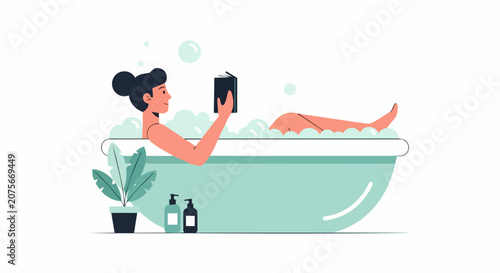 Woman Relaxing in Bathtub Reading a Book Vector Illustration for Self Care and Wellness Concept