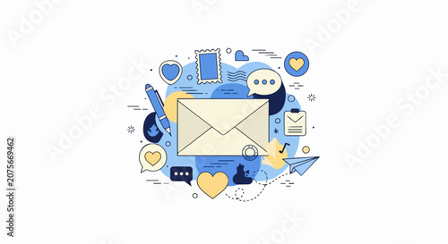 Modern Digital Communication and Email Marketing Concept Illustration with Envelope, Social Media Hearts, and Messaging Icons in Flat Line Art Style