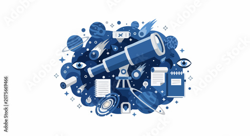 Astronomy and Space Exploration Flat Vector Illustration with Telescope, Planets, and Scientific Icons in Blue Tones