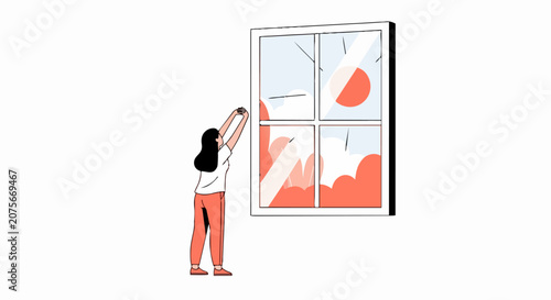 Minimalist Vector Illustration of a Woman Stretching by a Window at Sunrise - Concept for Morning Routine, Wellness, and Positive Mental Health