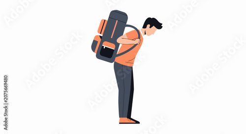 Man Carrying Heavy Backpack Flat Vector Illustration Isolated on White - Concept of Hiking, Traveling, and Burden