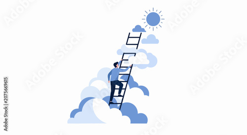 Business Growth and Success Concept with Man Climbing Ladder to the Sun Through Clouds, Flat Vector Illustration