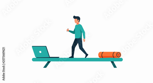 Flat Illustration of a Man Walking on a Treadmill Desk with Laptop and Yoga Mat, Concept for Healthy Remote Work and Corporate Wellness