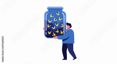 Man Carrying Large Glass Jar Filled with Glowing Fireflies Flat Vector Illustration Representing Inspiration and Creativity