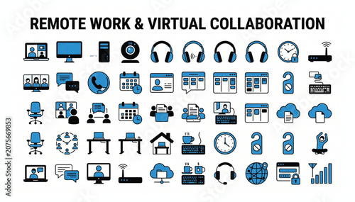 Remote work and virtual business collaboration flat icon set with collaboration business communication computer conference connection technology management schedule calendar professional