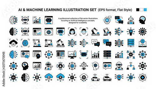 Artificial intelligence and machine learning vector icon set collection with intelligence learning technology automation computing algorithm innovation abstract software connection