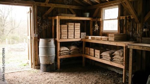 Rustic Storage Shed Interior: A humble wooden shed filled with sacks of grain, boxes, and a barrel, offering a glimpse into traditional rural storage and preparedness.