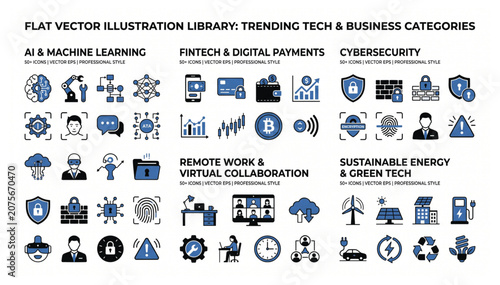 Flat vector illustration library featuring trending business and tech icons business technology illustration collection professional security collaboration internet communication