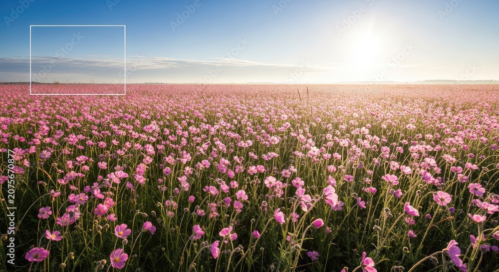 Obraz premium A vibrant landscape features a vast meadow of delicate pink wildflowers swaying gently under a bright, warm sun during a peaceful morning, outdoor, breeze, wildflower