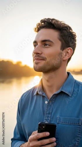 Young man with smartphone smiling and looking around at sunset by a calm lake. casual denim portrait of relaxation and golden hour mood.