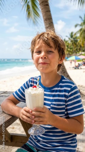 Young boy in a striped shirt sipping a milkshake at a sunny palm lined beach. playful summer vacation moment by the sea.