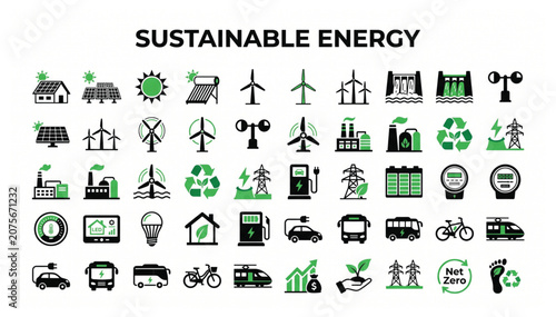 Sustainable energy and green technology flat vector icon pack for environmental solutions with sustainable environment renewable technology conservation electric industry efficiency