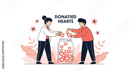 Two young volunteers putting red heart symbols into a clear glass jar labeled donated hearts for a charity or a meaningful social cause event.