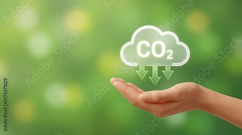 Hand holding glowing cloud symbol with C O2 and downward arrows against green bokeh background carbon dioxide