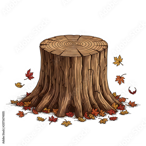 Old tree stump with fallen autumn leaves