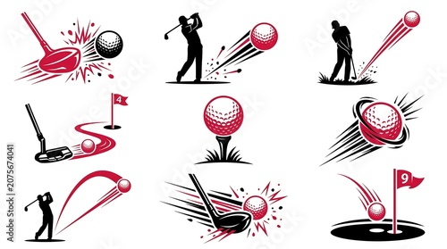 Collection of golf icons and symbols in red and black on white background