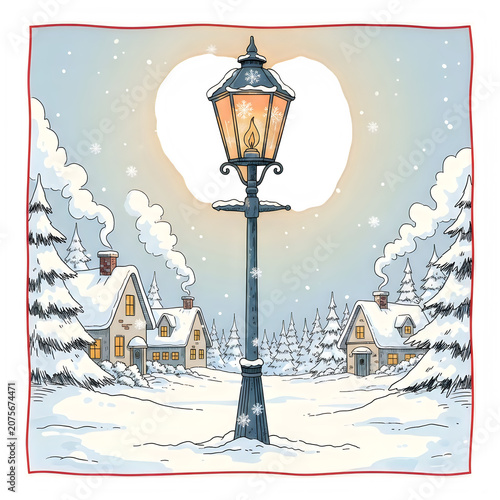 Snowy village street with vintage streetlamp under moonlight