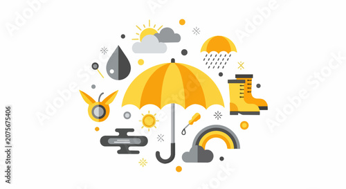 Weather and Autumn Season Flat Icon Set with Umbrella, Rain Boots, Sun and Clouds