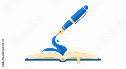 Blue Fountain Pen Writing in an Open Book Vector Illustration, Storytelling and Creativity Concept