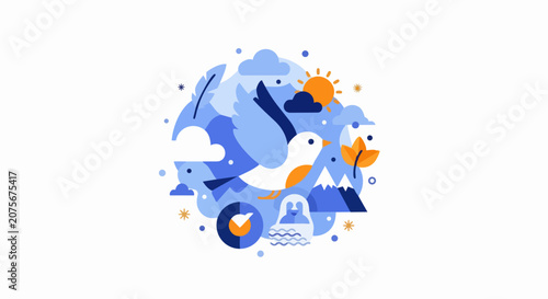 Modern Vector Illustration of a Flying Bird with Nature Symbols Including Mountains, Sun, and Cloud in a Minimalist Flat Style Circle Composition