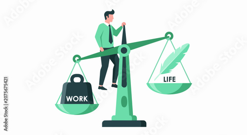 Work-Life Balance Concept Illustration with Businessman on Scales Balancing Work Weight and Life Feather