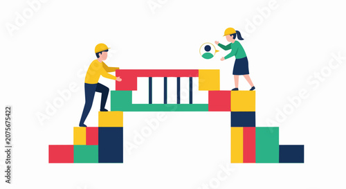 Business Team Building a Bridge with Blocks Illustration - Concept of Teamwork, Collaboration, and Partnership